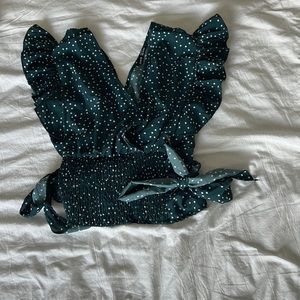 Emerald green with white polka dot blouse